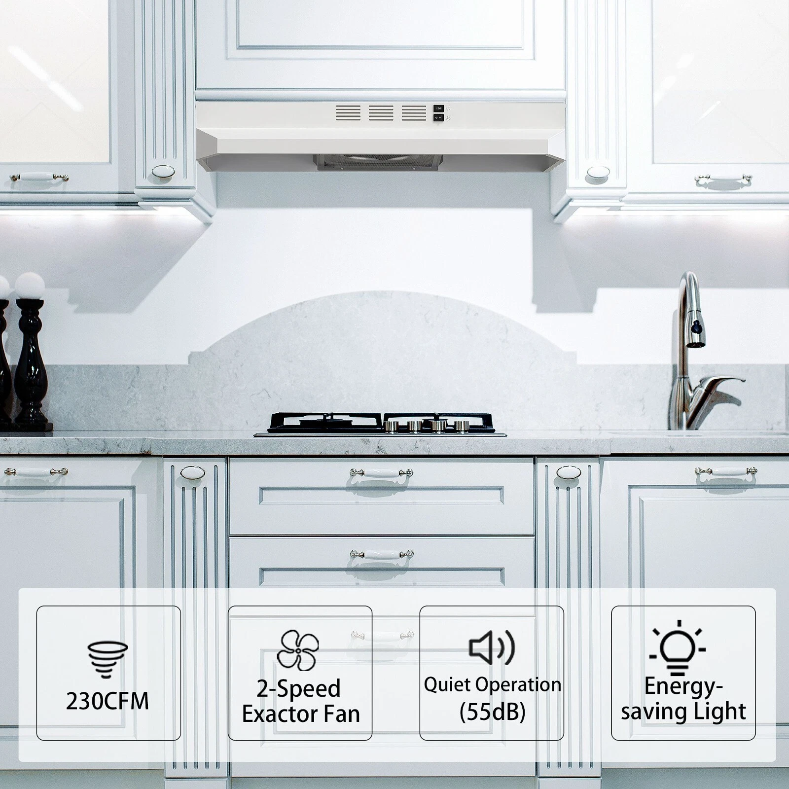 30 inch Range Hood Under Cabinet, Stainless Steel Kitchen Vent Hood 280CFM, Built-in Kitchen Stove Hood w/Rocker Button Control, Ducted/Ductless Convertible Duct, 2 Speeds Fan, Bright LED Light