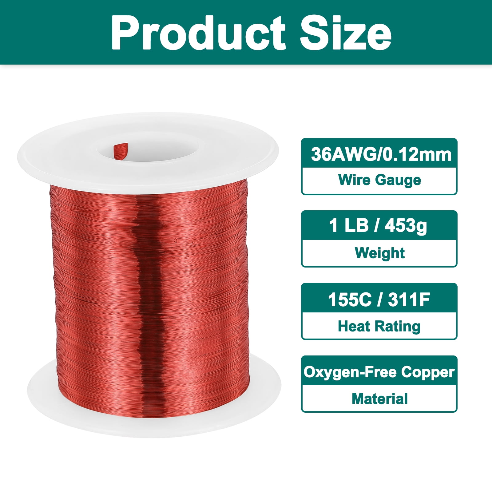 Uxcell 36 AWG Magnet Wire, 36 Gauge Enameled Copper Wire, 1 lb Magnetic Coil Wire for Transformer, Motor, Electric, 155C(311F)