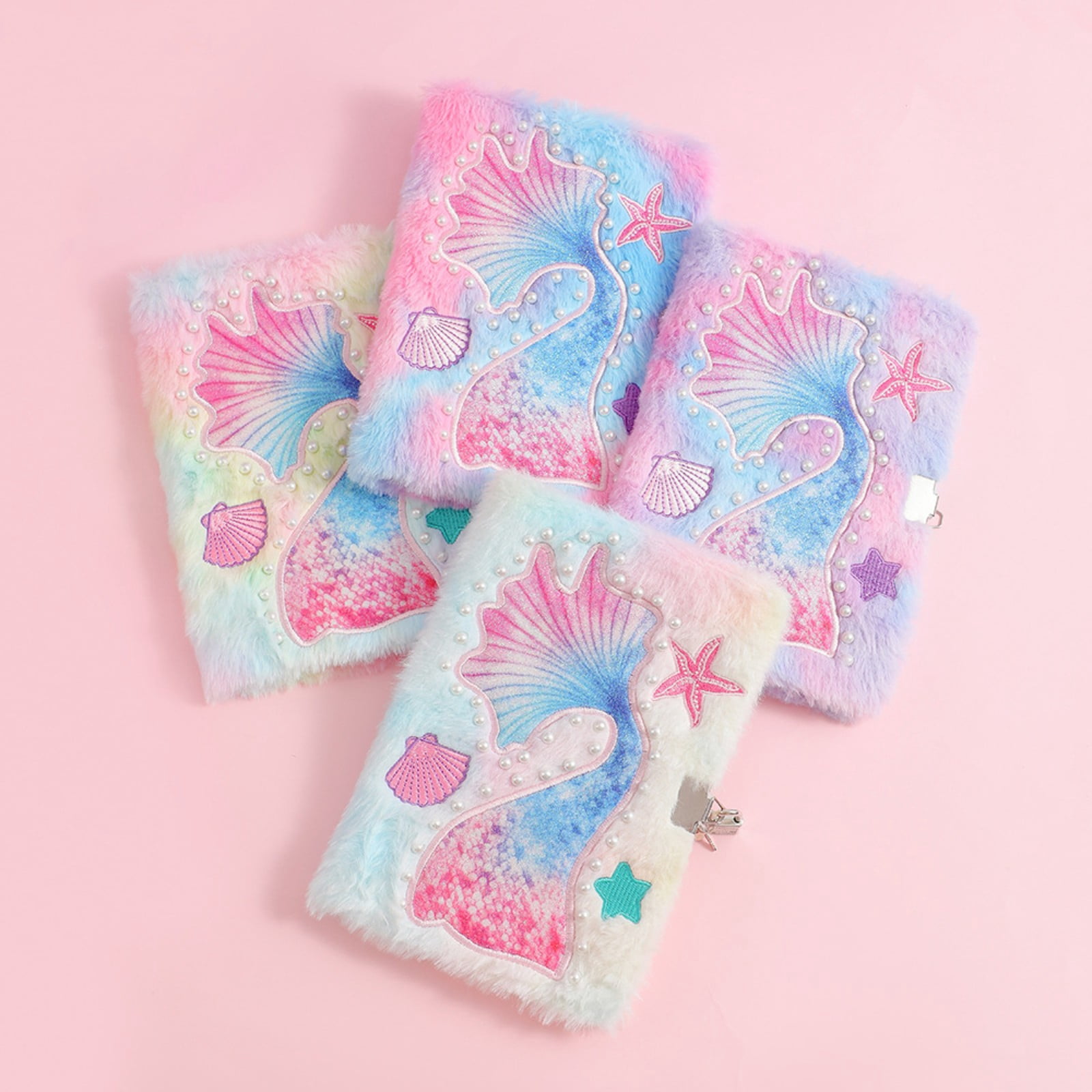 VKLU Aesthetic Plush Journal with Lock and Key, Mermaid Tail Embroidery Fuzzy Notebook, Tie Dye Furry Secret Diary for Personal Thoughts and Travel, A5 Size, Rainbow Tie Dye