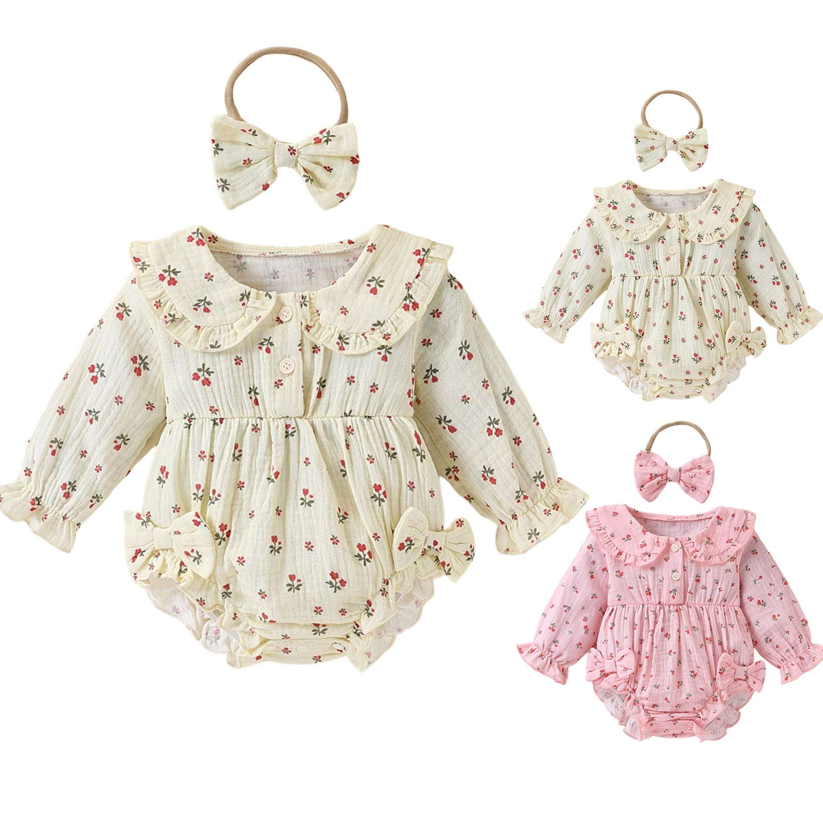 Quealent Newborn Baby Girls Clothes Floral Bow Doll Collar Ruffle Bubble Romper Stylish Adorable Bow Floral Prints Sweet Casual Snap Closure Design Elastic Headband (White 6-9 Months)