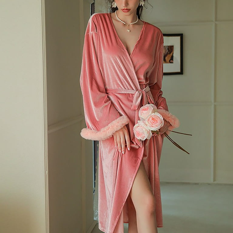 Lovskoo Gold Velvet Robes for Women Plus Size Dressy Winter Home Wear Thick Long Robe Bride Bridesmaid Wedding Party Robes Sleepwear Pink, Women's,