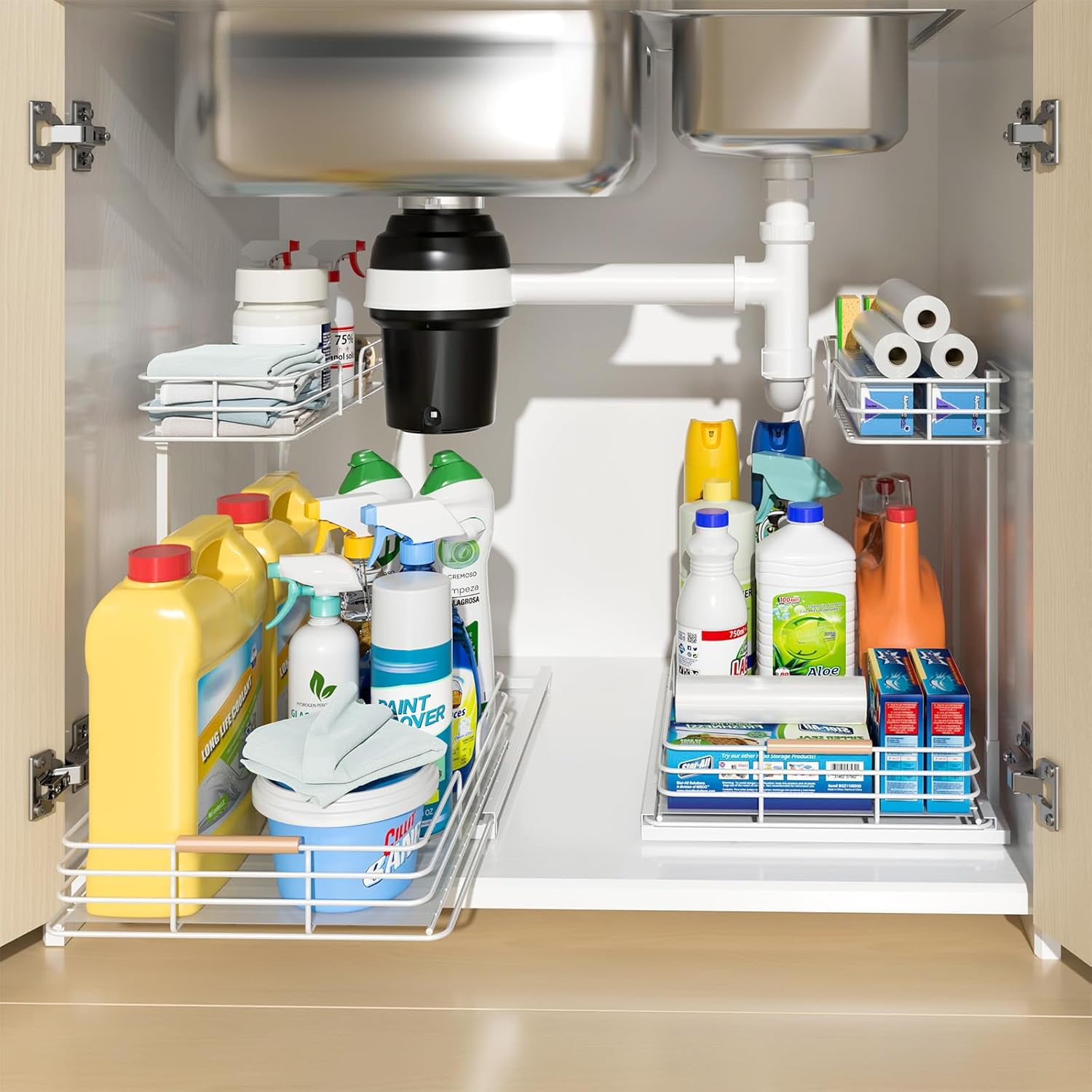 LAMU Under Sink Organizers and Storage, 2Pack 2 Tier Kitchen Bathroom Cabinet Organizers and Storage, Pull Out Under Sink Storage Kitchen Shelf Organizer for Under Counter Storage Organizer, White