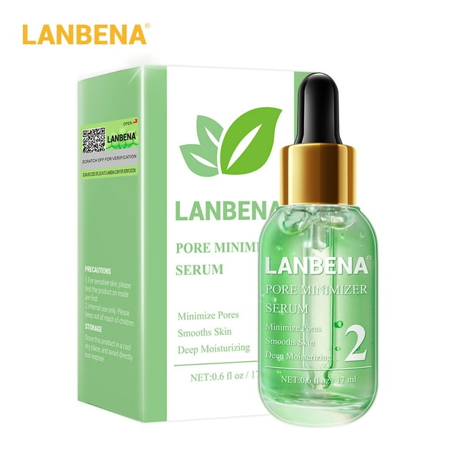 lanbena pore minimizer serum hidratante suavizante pore minimizing serum liquid — Frasco frontal de 17 ml con gotero negro y tapa dorada, suero verde claro con burbujas y caja verde/blanca con logo de hoja; según especificaciones hidrata, reduce poros y suaviza la piel, textura líquida de rápida absorción; tamaño compacto apto para viajes.