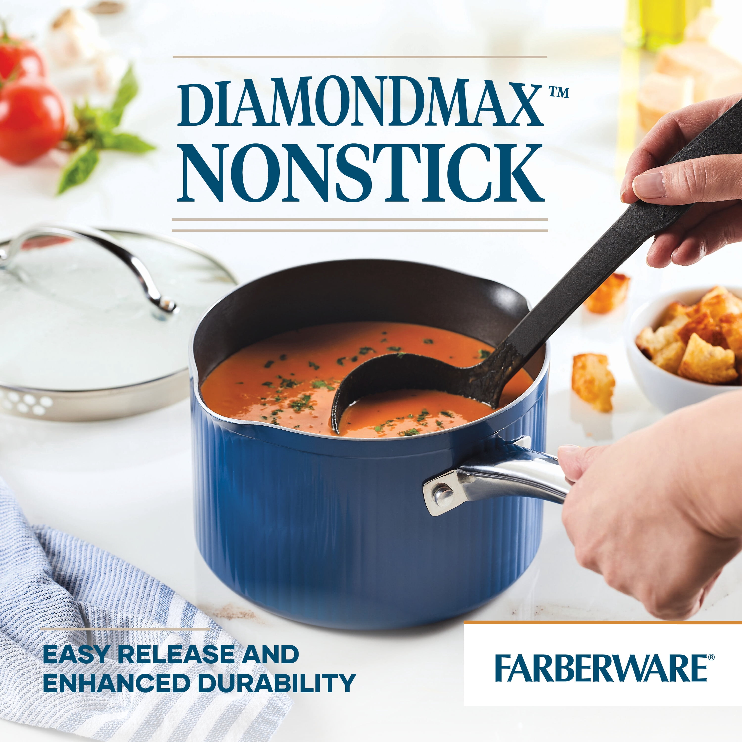 Farberware Style 3 Quart Nonstick Straining Saucepan with Tempered Glass Lid, Dishwasher Safe, Oven Safe to 500°F