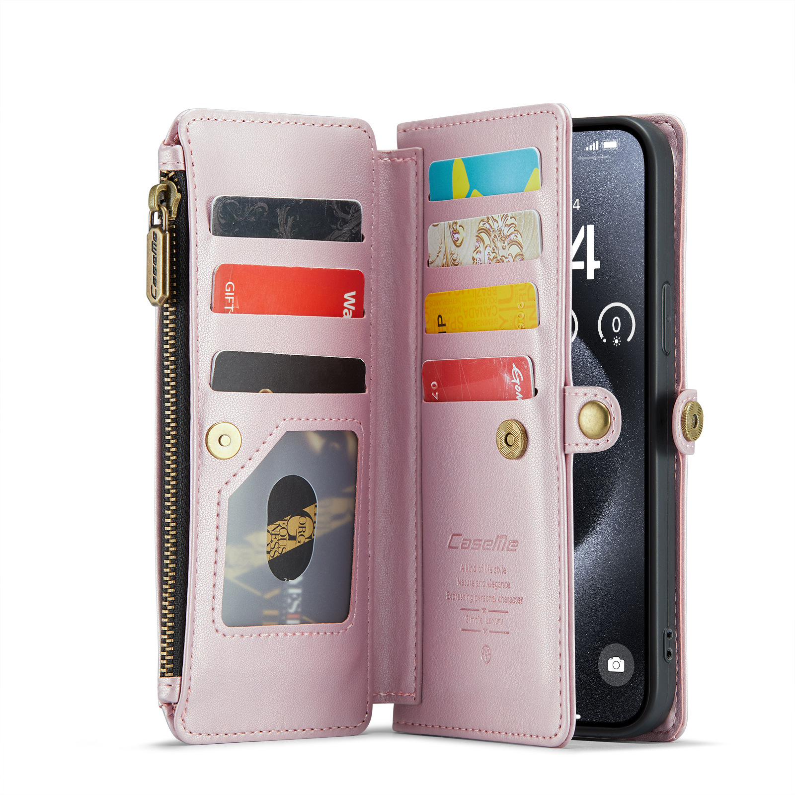 PINSAI Crossbody iPhone 13 Wallet Case with 7-Card Holder Zipper Bills Slot, Soft PU Leather Magnetic Flip Wristlet Shoulder Strap Phone Case Wallet for Women,Rose Gold