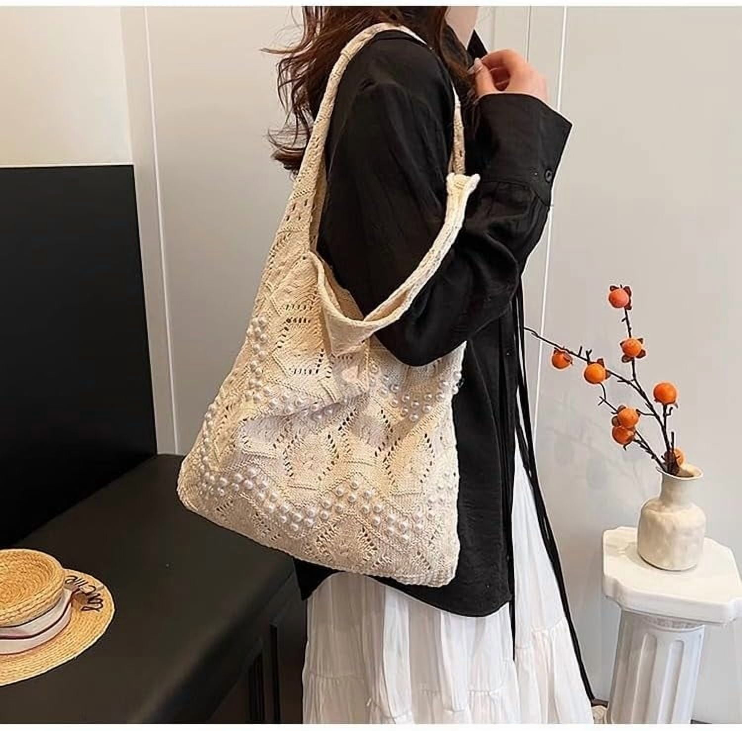 CAILDANL Boho Crochet Beach Tote Shoulder Bag with Colored Beads | Colorful Aesthetic Hippie Knit Bag for Women