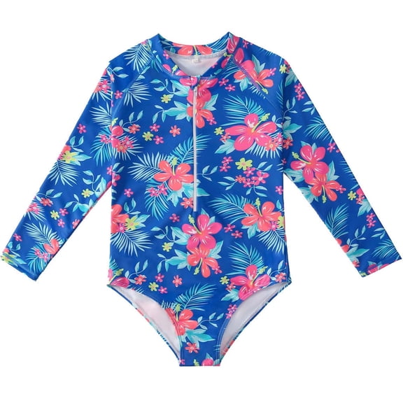 Xfvqtps Child Girls One Piece Swimsuit Long Sleeve Front Zipper Sun Protection Quick Dry Flower Print Colorful Stretchy Beach Summer Bathing Suits Swimwear for 4-12 Years Blue-02