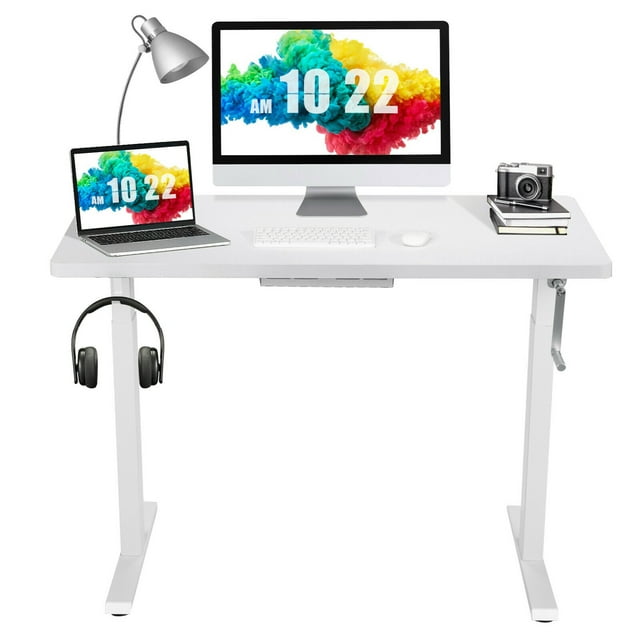Gymax Bureau Assis-Debout 48 Pieds' Poste de Travail Réglable avec Manivelle Blanc