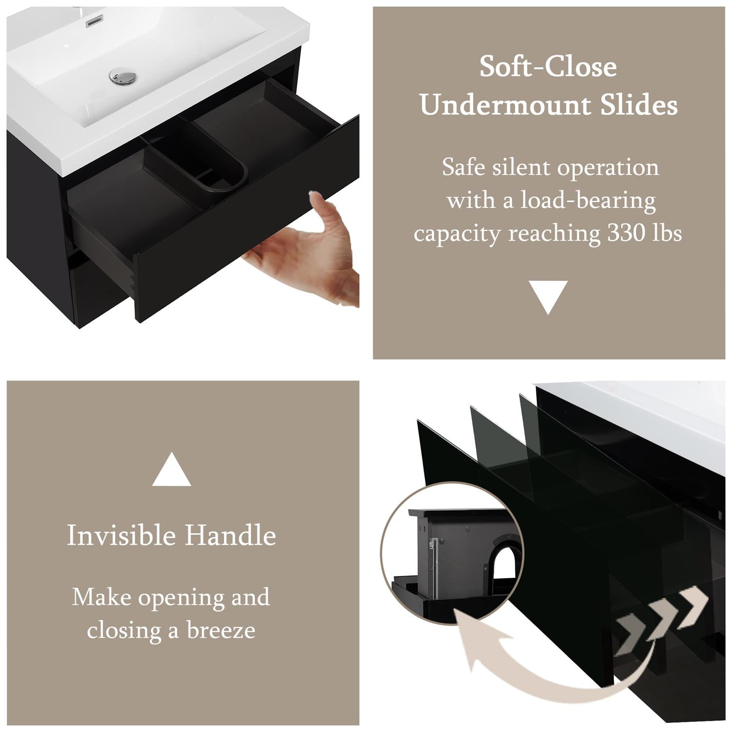 Demi Bonn 30" Floating Bathroom Vanity with Sink, Resin Top Basin and 2 Soft Close Drawers, Faucets and Drains Not Included, Black