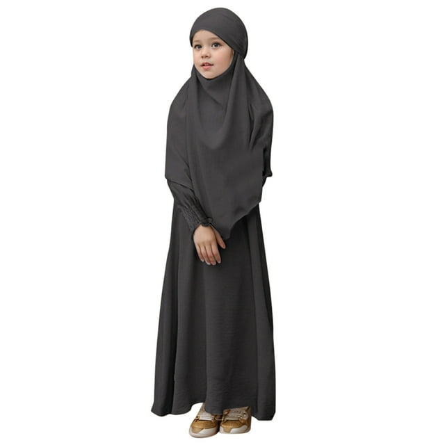 Wdgfv Robe de Prière pour Fille Musulmane Ramadan Vêtement Abaya Dubaï Islam Jilbeb Longue Robe Gris Foncé 9-10 Ans
