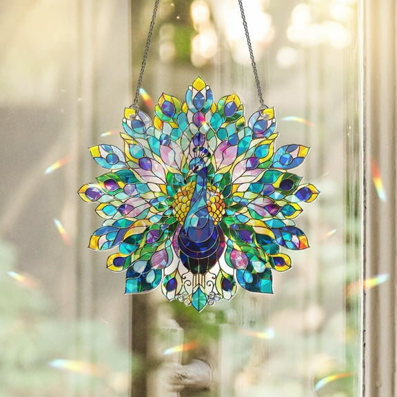 Peacock Holographic Suncatcher for Windows | Acrylic Stained Glass Style Bird Decor | Colorful Sun Catcher Gift for Bird Lovers