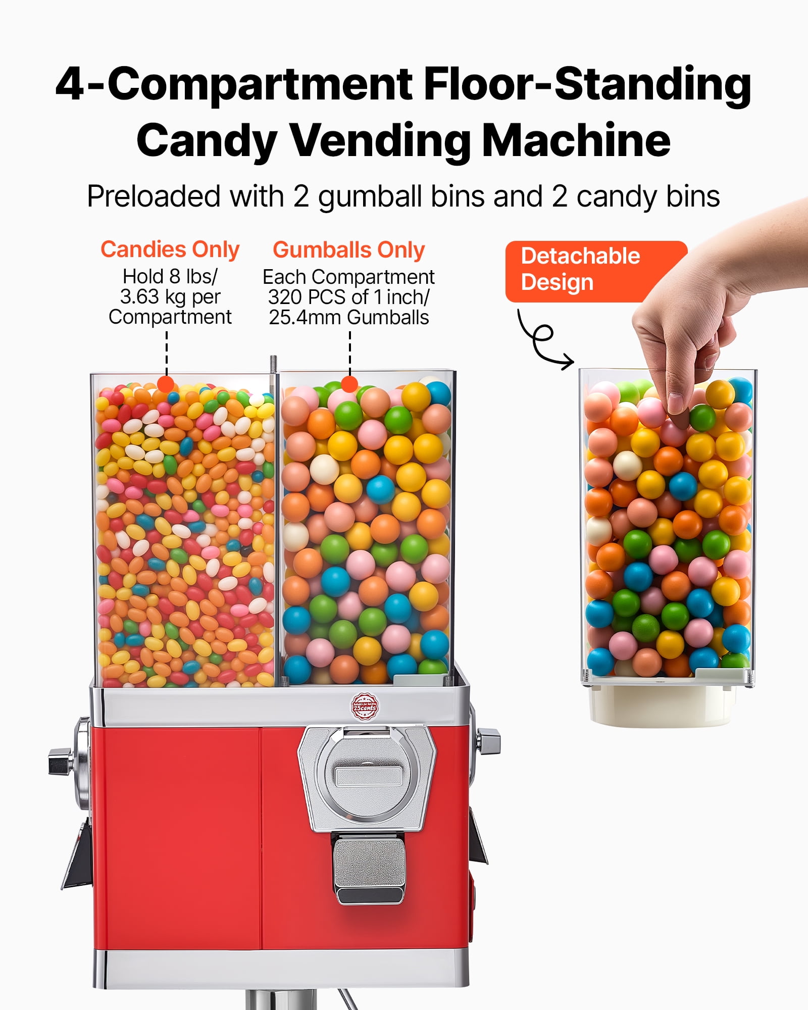 VEVOR Candy Vending Machine, Four Compartment Candy Vending Machine with Stand, Gumball & Candies Vendings Machines with Adjustable Height, Vintage Candies Dispenser for Shop,Arcade, Family Gathering