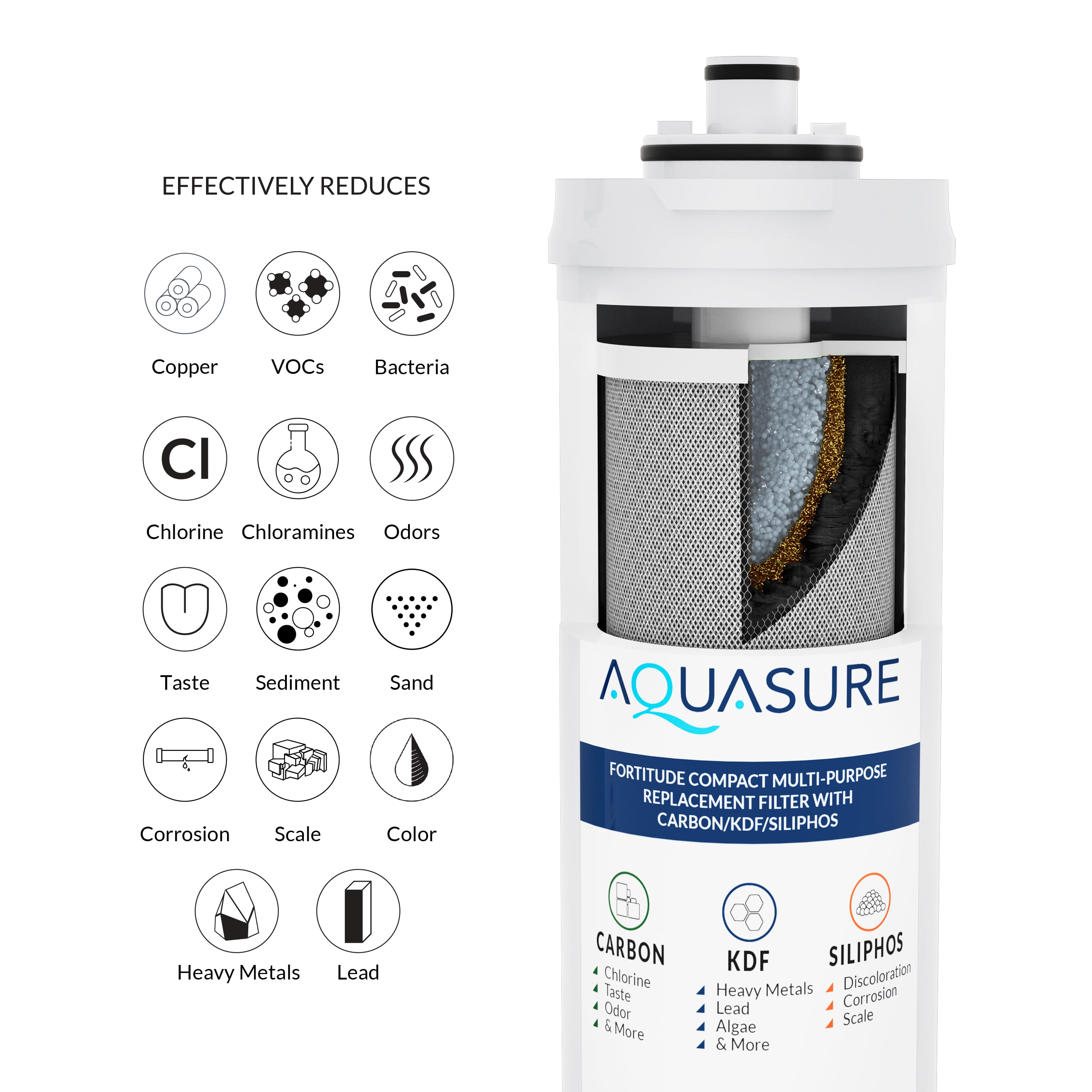 Fortitude Compact Under The Sink Multi-Purpose Water Filtration System with Carbon/KDF and Siliphos Scale inhibiting Media for Reducing Chlorine, Lead, Chemicals, Taste, Odors, and Scale
