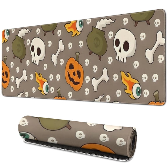 Long Mouse Pads for Desk,Halloween Skulls Pumpkins and Cauldrons Desk Mats on Top Of Desks, Desk Mouse Pad Extra Large with 3mm Non-Slip Base and Stitched Edge for Gaming,Office,Work,Home 31.5x11.8in