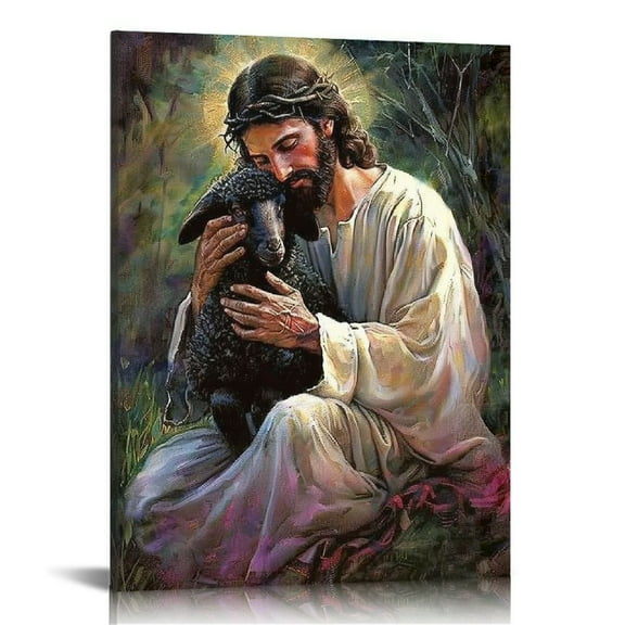 JEUXUS The Good Shepherd Jesus Christ Poster Picture Canvas Wall Art Print Jesus with Lamb Poster Home Room Decor  12x16 in