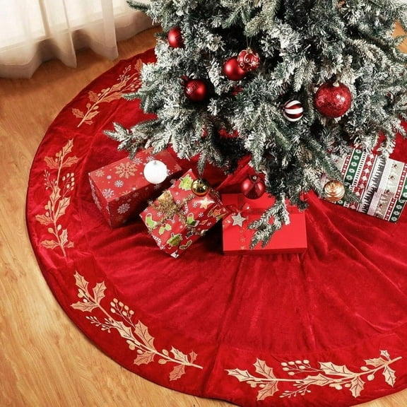 72 Inch Christmas Tree Skirt Veet Xmas Tree Skirt with Gold Embroidery Holly Leaf Decorations for Christmas Party Favors Holiday New Year Decor Red