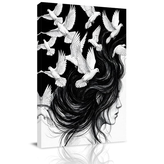 Abstract Art Canvas Wall Art for Living Room, Black and White Pigeon Woman Profile Bohemian Poster Print Painting for Bedroom Office Home Decoration Wall Pictures Prepare To Hang 12"x12"
