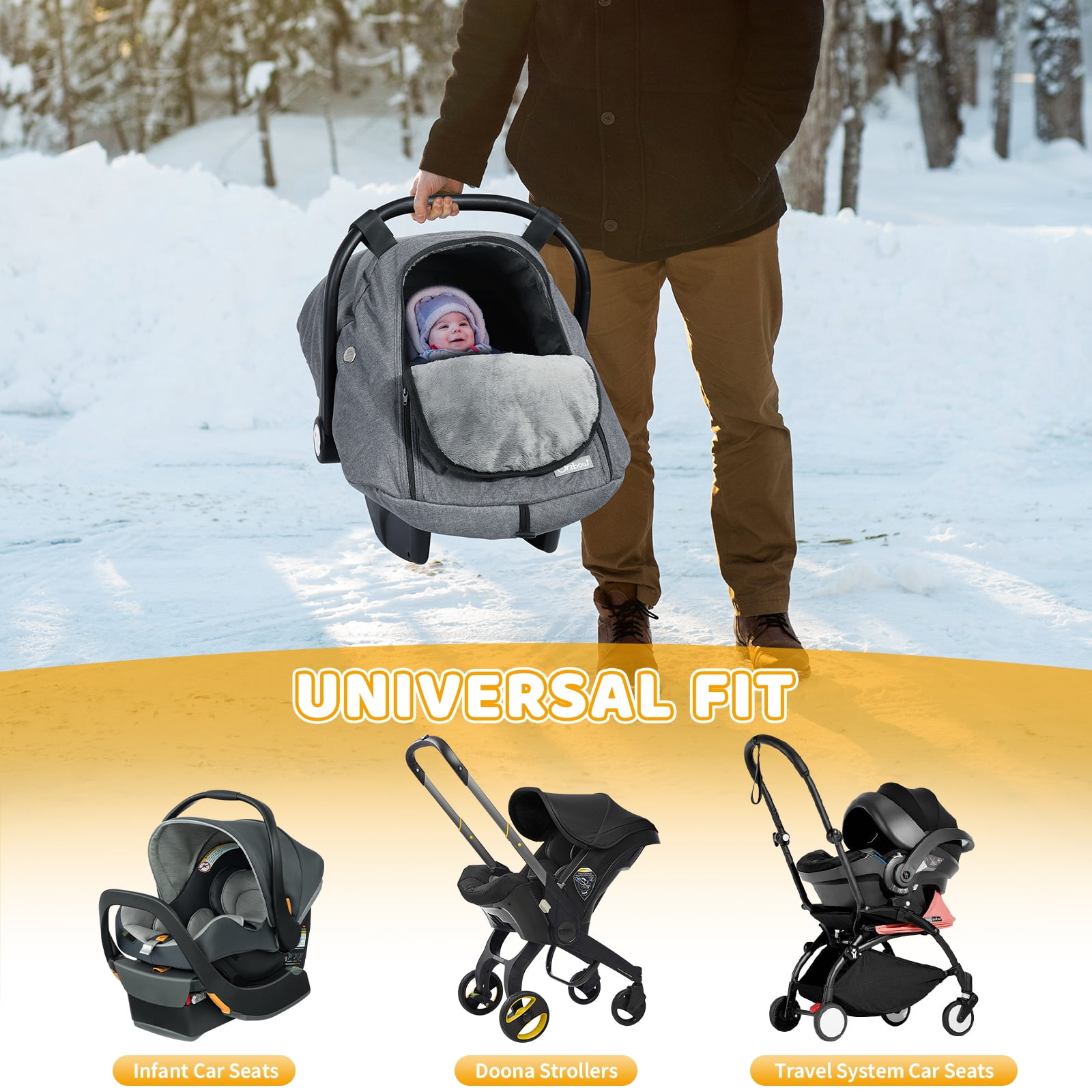 Orzbow Winter Baby Car Seat Cover with Front Zipper Door, Cold Weather Carseat Cover Canopy, Side Breathable, Rain, Snow and Wind Proof Car Seat Carrier Canopy Cover, Machine Washable, Light Grey