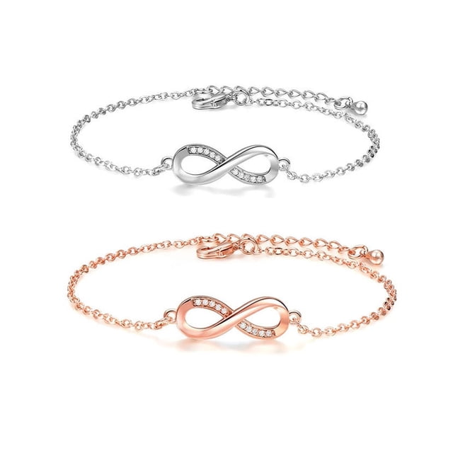 Pulsera para mujer de plata de ley con circonita cúbica, joyería para mujer, símbolo de infinito, pulseras de amor infinito, 2 piezas (oro+plata)