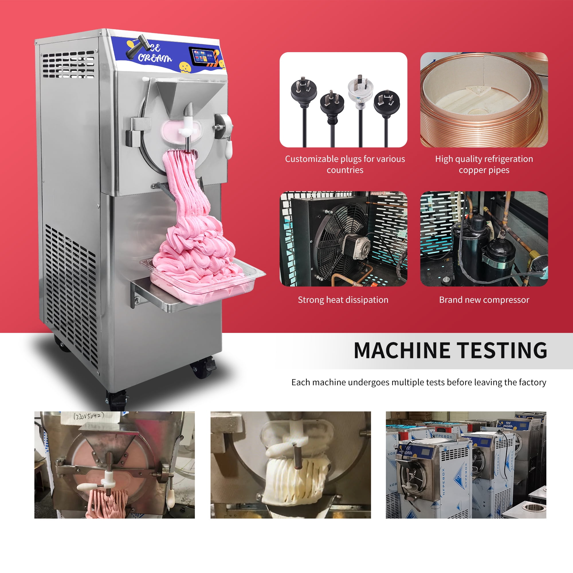 Mvckyi Hard Ice Cream Machine Commercial, Batch Freezer 13 Gallon/H, Gelato Ice Cream Maker, Italian Water Ice Machine, 5 Inch Touch Control Panel, with Water Spray, for Restaurant Bar