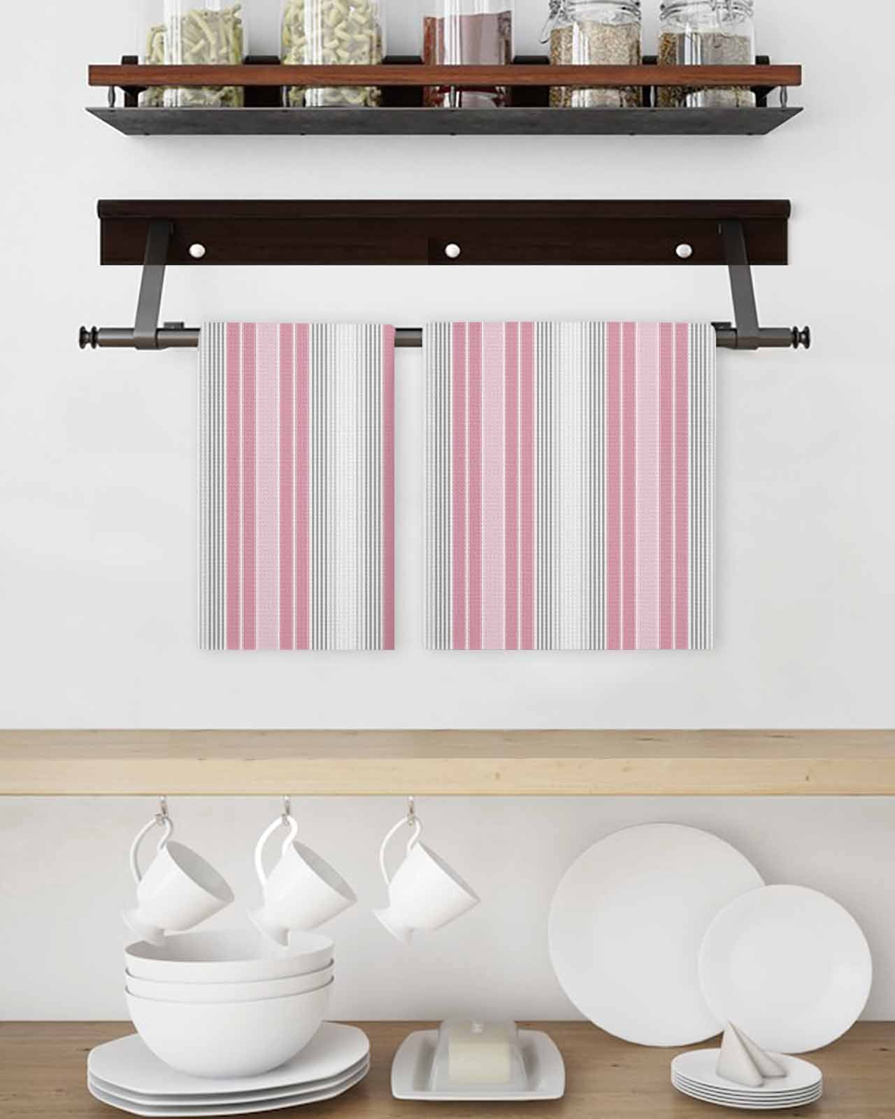 Pink Gray Stripes Kitchen Dish Towels for Drying Dishes Set of 3, Chic Modern Abstract Vertical Lines Waffle Weave Microfiber Terry Hand Tea Bathroom Towels Quick Dry & Absorbent Towel 15.7x23.6