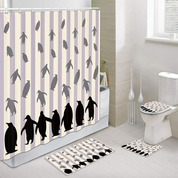 Penguin Bathroom Sets with Shower Curtain set and Rugs, Funny Animal Penguins Pole Wildlife with Beige Stripes Design Shower Curtains with Toilet Lid Cover and Bath Mat and 12 Hooks