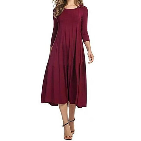 Swing Dress - JustVH Women's Round Neck 3/4 Sleeve A-line Swing Flare Midi Dress