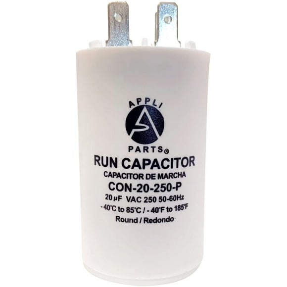 Appli Parts Run Capacitor for Electric Motors 20 Mfd uF (microfarads) 250VAC Plastic Case with terminals CBB60 Round Universal fit Water Pumps and Others 3-1/8 in High 1-5/8 in Wide CON-20-250-P