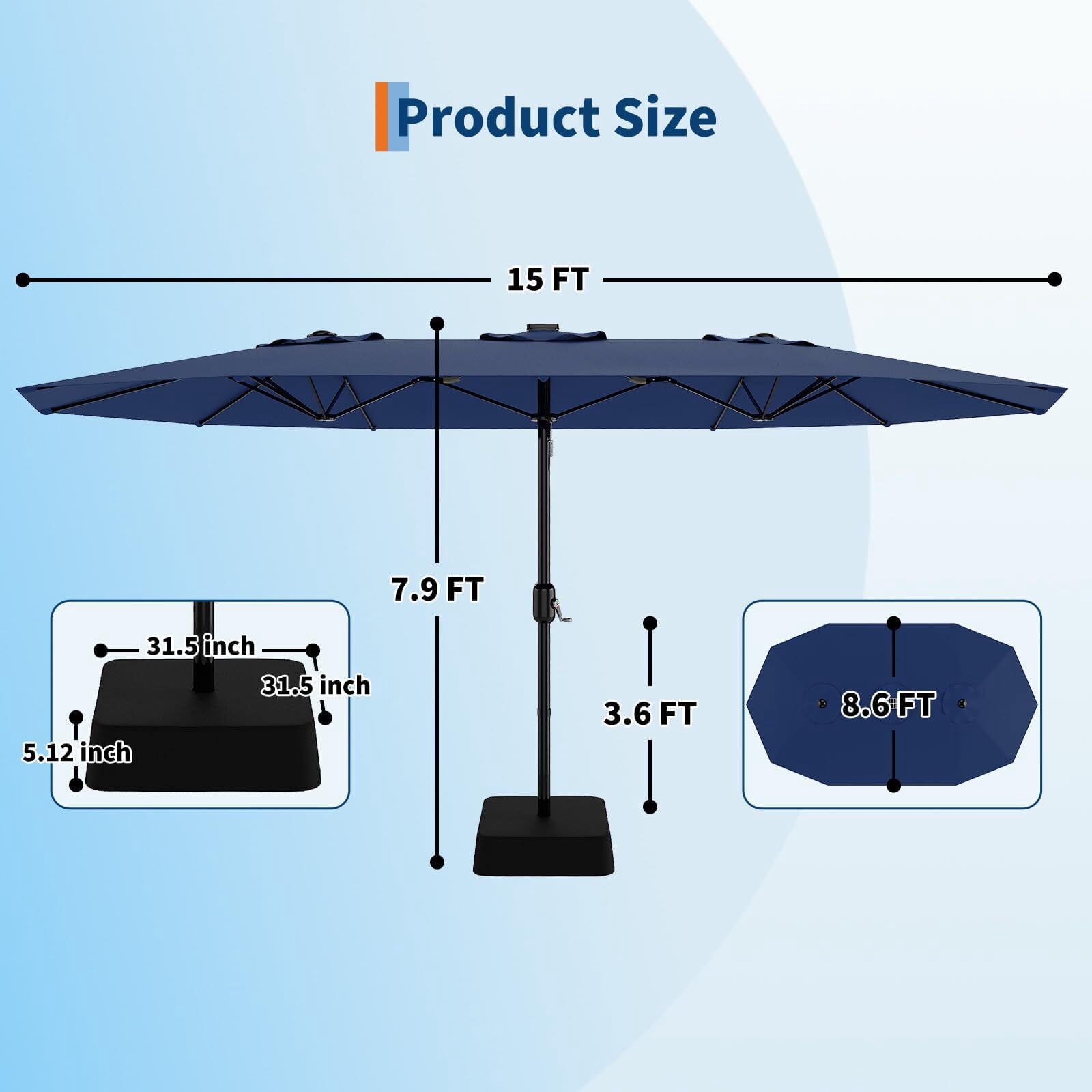 EuKer 15ft Outdoor Umbrella with Base, Large Patio Umbrella W/Crank Handle for Patio Tables, Poolside, Navy Blue