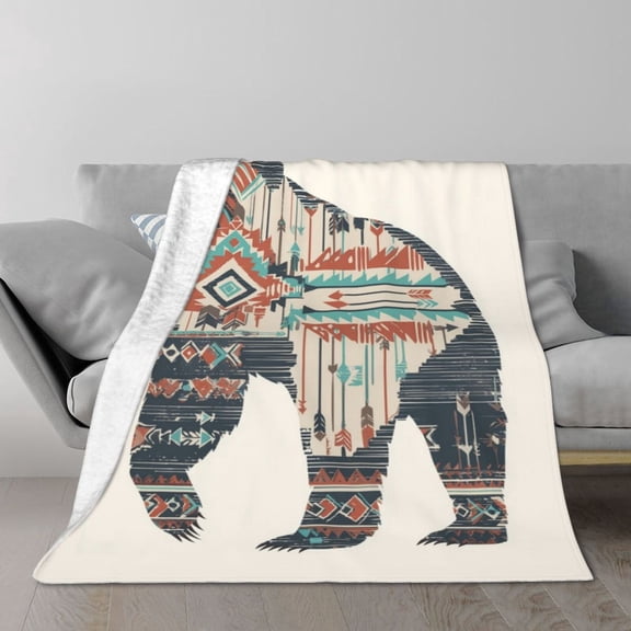Aztec Bear Throw Blanket – Southwest Tribal Art Fleece, Soft & Cozy Flannel, Boho Cabin Decor Gift 50x40