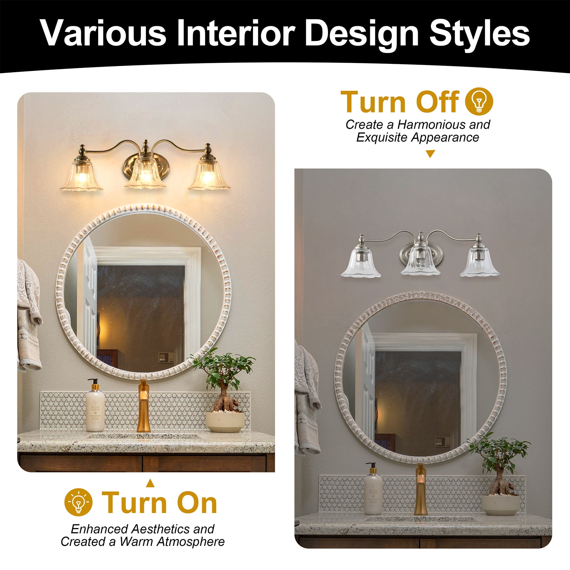 Silver 23 in Modern Bathroom Vanity Light Dimmable LED Light for Bathroom  Living Room Bedroom Light Fixture，Mirror Light with Glass Shade