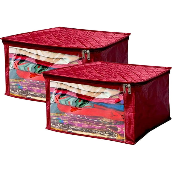 atorakushon Satin Fabric Foldable Garments Saree Blouse Cover Bag Pouch Closet Wardrobe Organizer With Clear Window Zipper Lock Pack of 2 (Maroon)