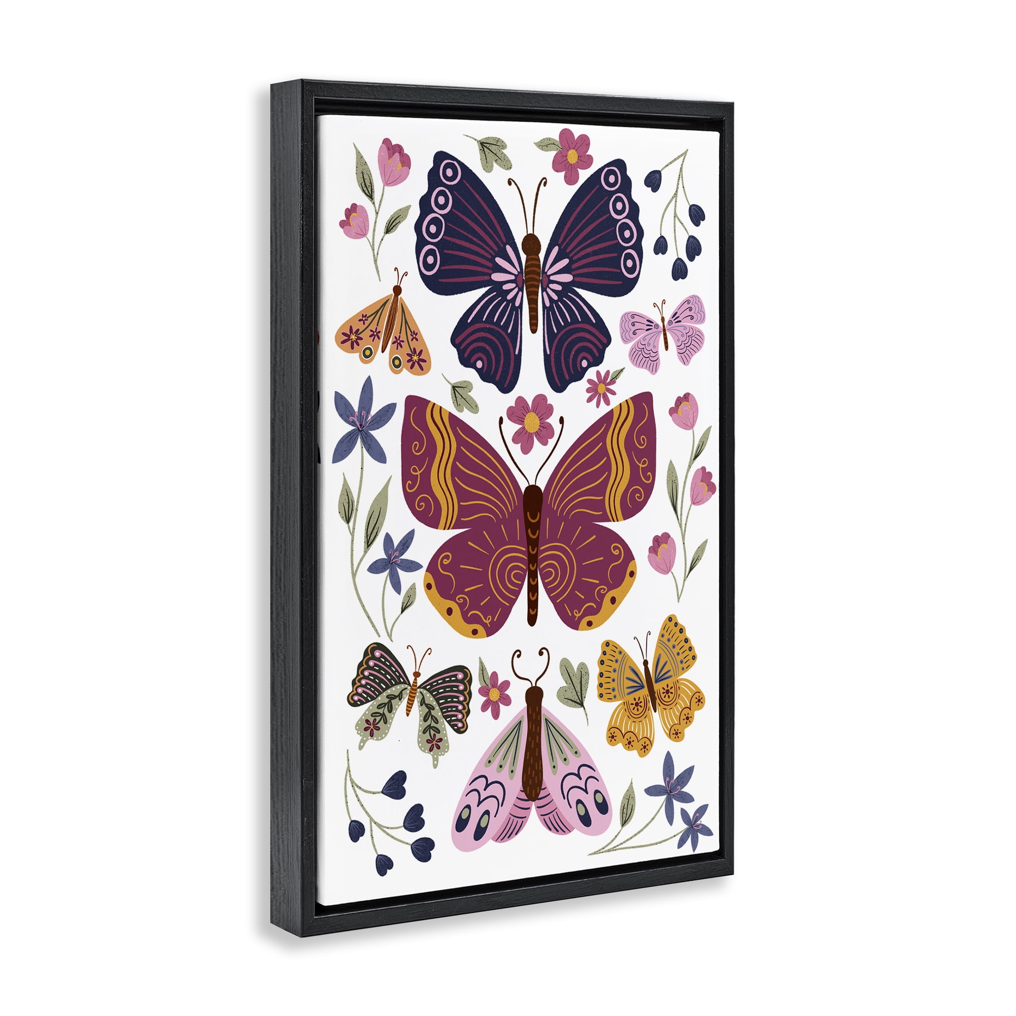 Stupell Industries Symmetrical Butterflies & Flowers Animals Painting Black Floater Framed Canvas Art Print Wall Art, 17 x 25