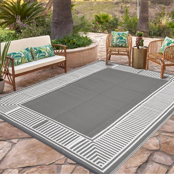 Garvee 9'x12' Outdoor Rug Waterproof Plastic Straw Rug, Modern Bordered Outdoor Carpet UV-Resistant Reversible Mat for Patio RV Deck Beach Porch, Grey and White