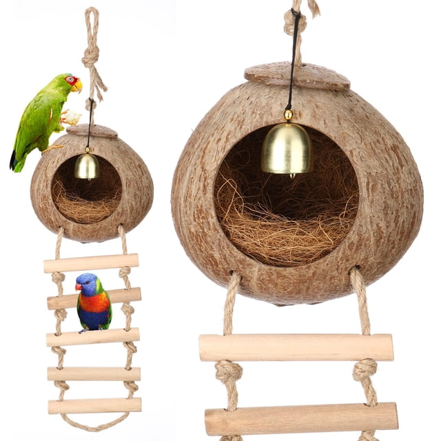 Nido de pájaro de cáscara de coco, cama de cría, nido y mordedura antipicoteo con fibra de coco natural, juguete para loros, periquitos, cacatúas, cot