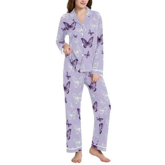 joogoo Pajamas Set for Women Butterfly Purple Long Sleeve Pjs Loungewear L