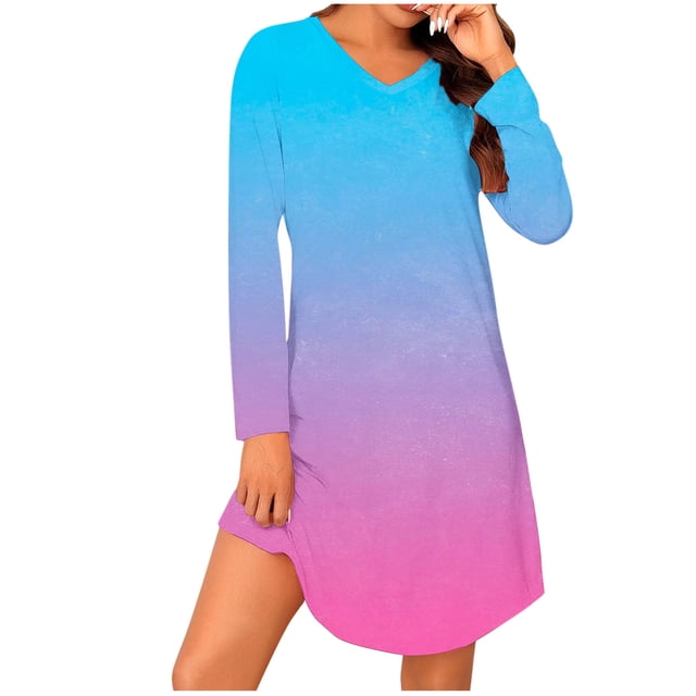 cfhntfmh Chemises de Nuit pour Femmes Mode Imprimée Manches Longues Col en V Robe de Pyjama Douce Fluide Robe de Sommeil Tenue d'Intérieur