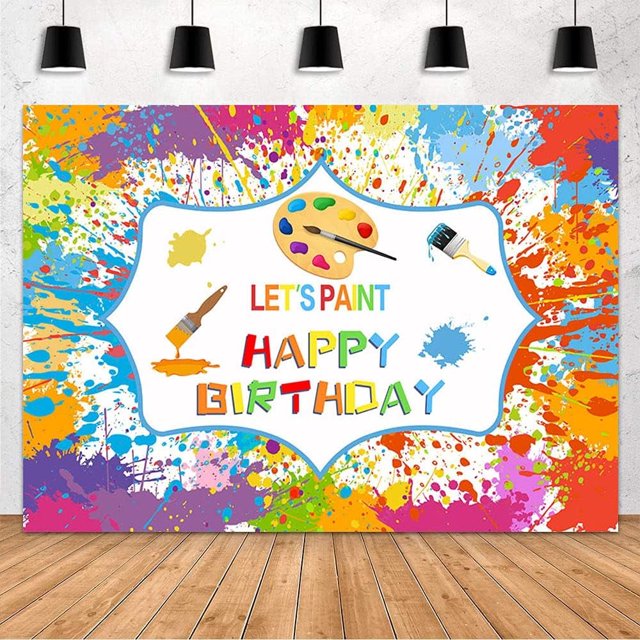 Telón de fondo para cumpleaños con diseño de Let's Paint, decoración para fiestas de cumpleaños, suministros para pintar, salpicadura de graffiti colorido, pincel para pared, fondo para fotografía,