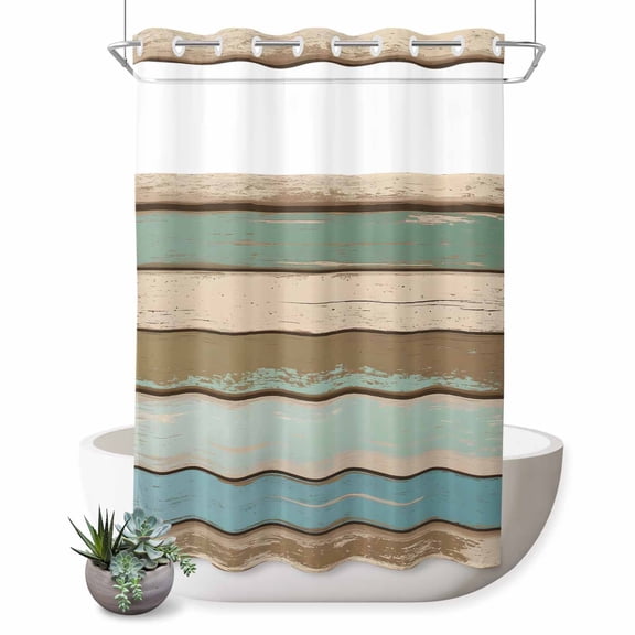 No Hook Shower Curtain, Green Blue Brown Farmhouse Shower Curtains for Bathroom with See Through Top Window, Vintage Wood Waterproof & Washable Bath Curtain 60"x72"