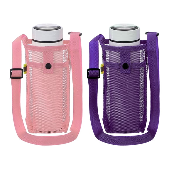 2pcs Water Bottle Holder with Shoulder Strap, Mesh Water Bottle Sleeve Bag, Crossbody Bottles Carrier Sling Pouch for Hiking Gym Camping Walking Travel, Purple, Pink