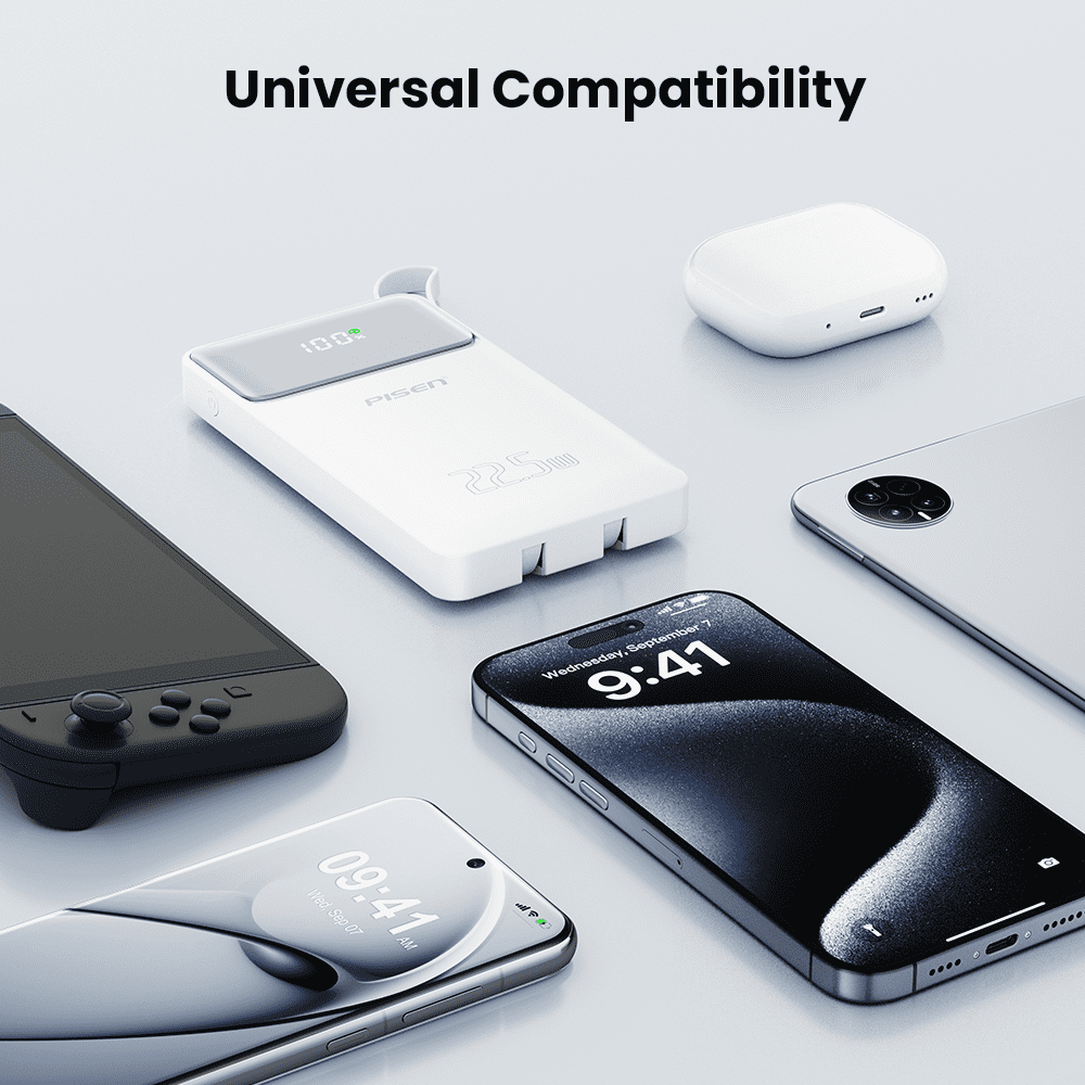 PISEN 3C Certified Power Bank - 10000mAh 22.5W Power Bank with Built in Cable, Travel Battery Pack Portable 3C Charger with LED Display, Portable Charger with Built in Cable for iPhone, Samsung