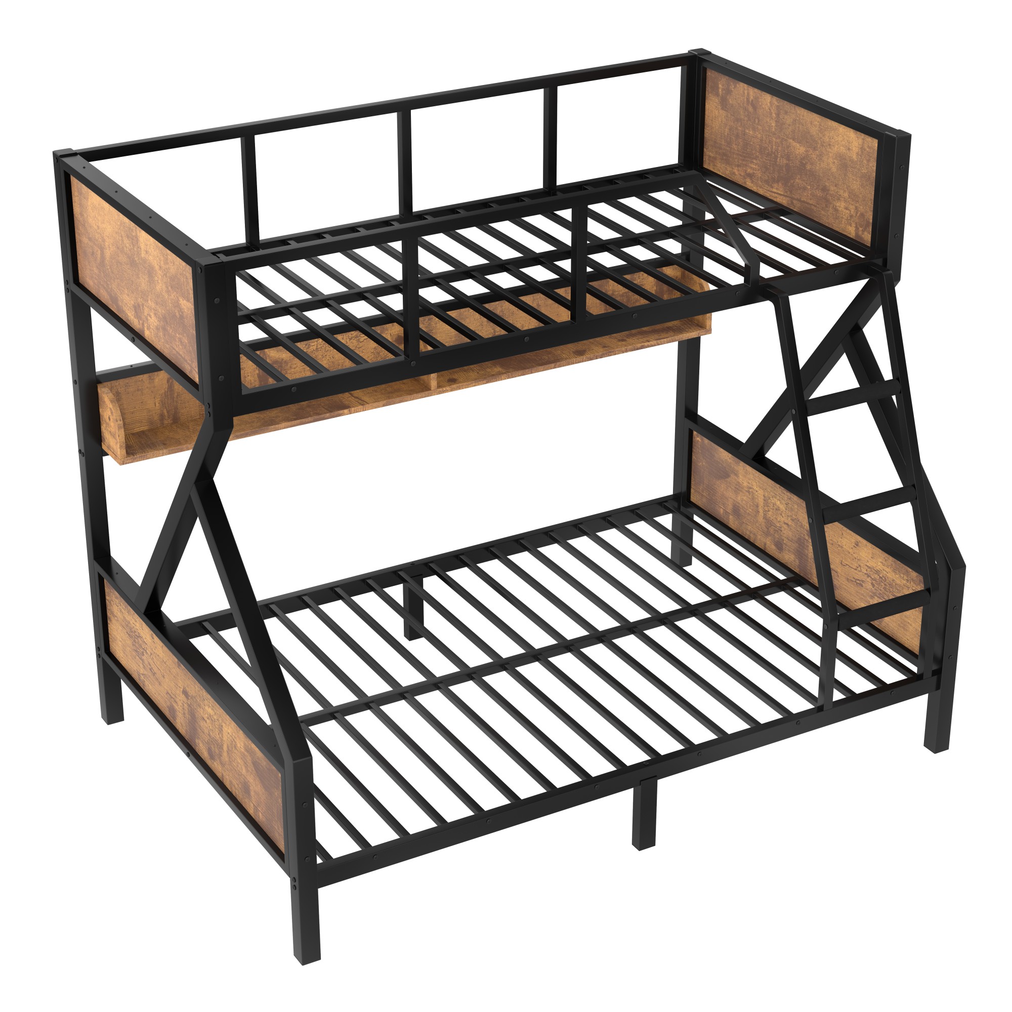 Aukfa Twin Over Full Metal Bunk Bed with Storage Shelves & LED Lights, Heavy-Duty X-shape Frame for Kids & Adults, Space-Saving, Black