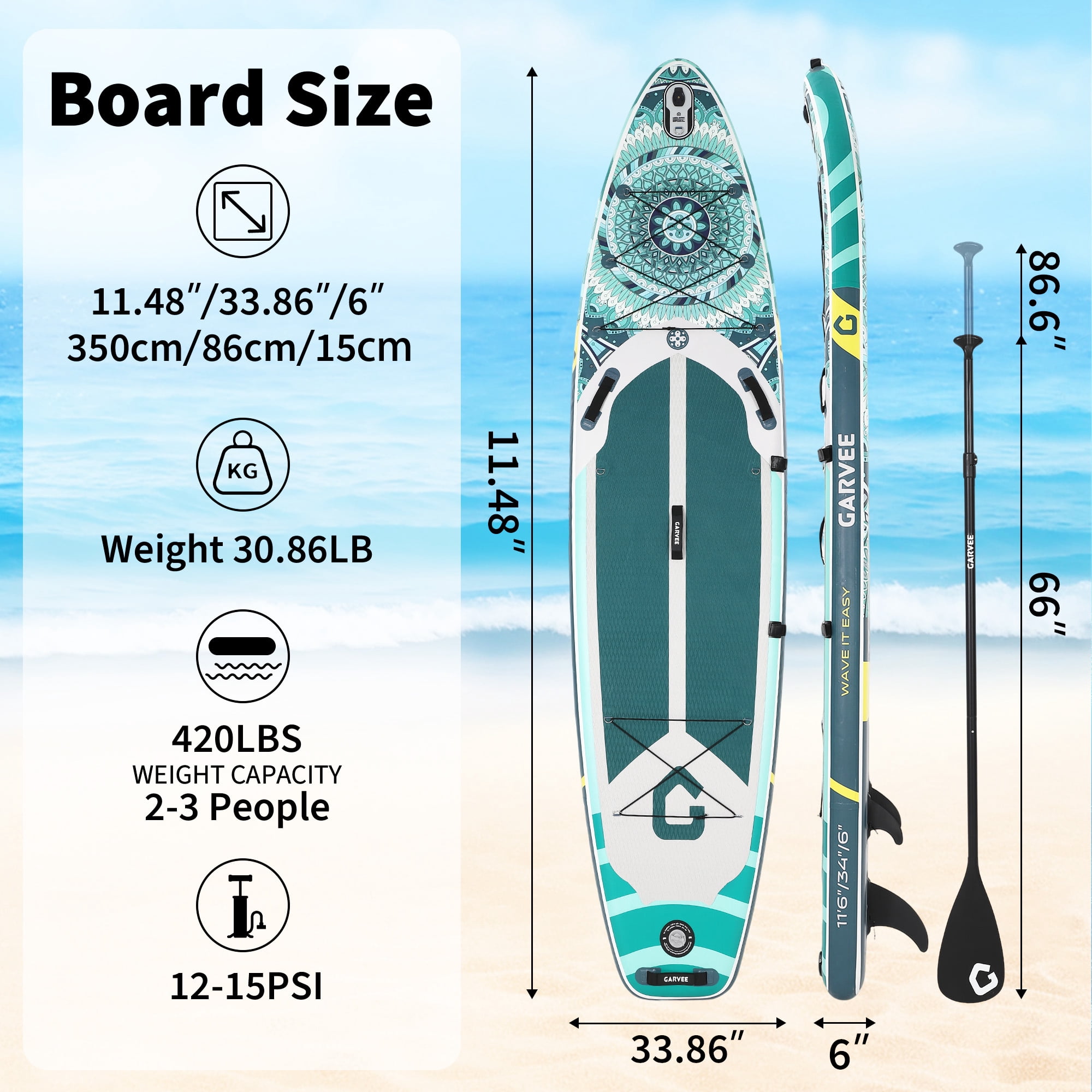 Bohemian Inflatable Stand Up Paddle Board with Accessories, EVA Non-Slip Deck, 3 Removable Fins, Adjustable Paddle, Pump, Leash & Backpack, All-Around iSUP for Adults & Youth, 11.5', Deep Green