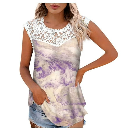 

Womens Print Lace Sleeveless Tops Round Neck Splicing Tank Tops Slim Comfortable Lightweight T-Shirt Purple M
