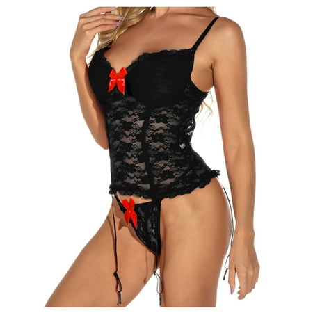 

JeashCHAT Sexy Lingerie for Women Fashion Lace Sling Vest Hollow Mesh See-Through Bodysuit Suit Set