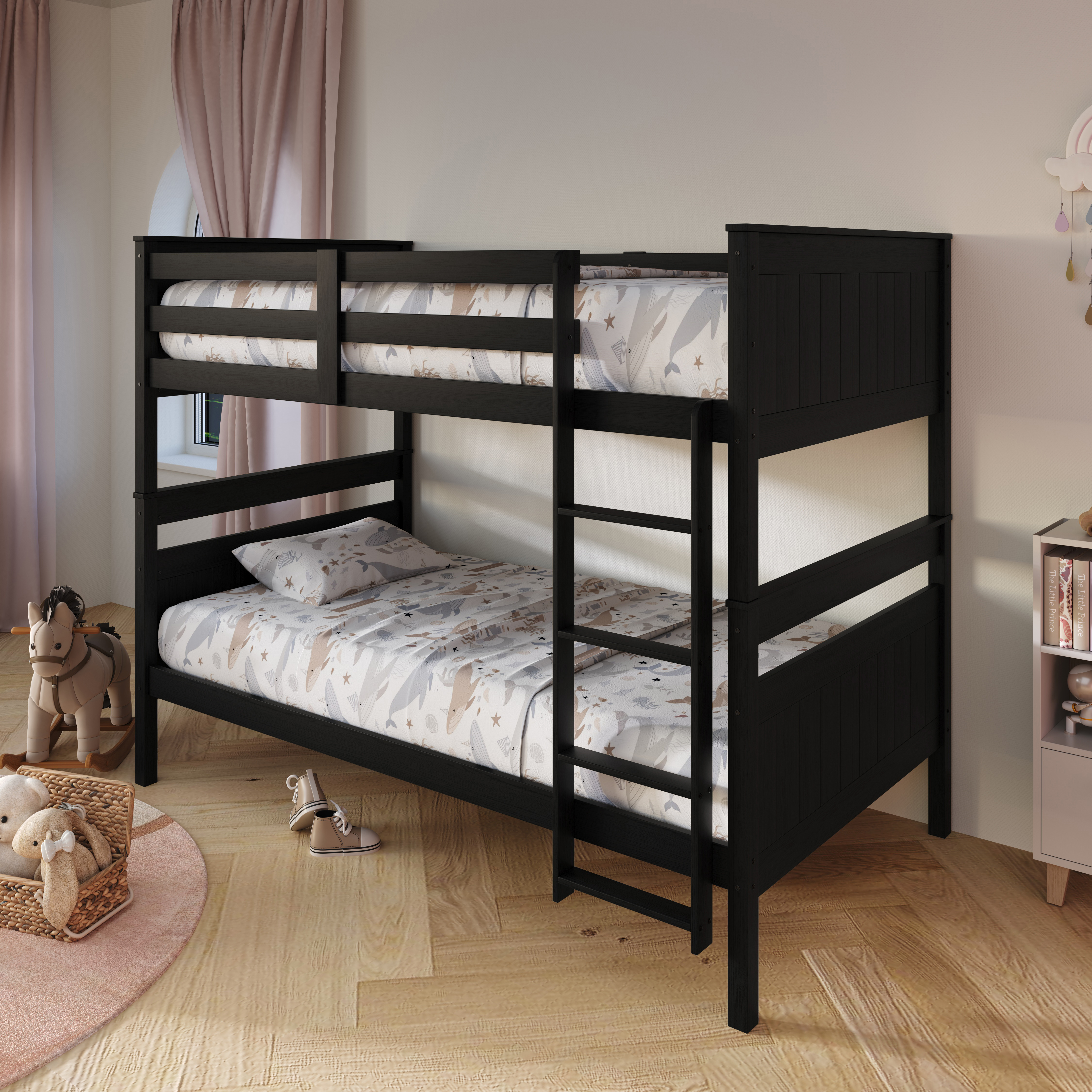 Home Design Lorain Twin over Twin Solid Wood Bunk Bed with Sturdy Guardrails and Ladder, Black, Easy Assembly