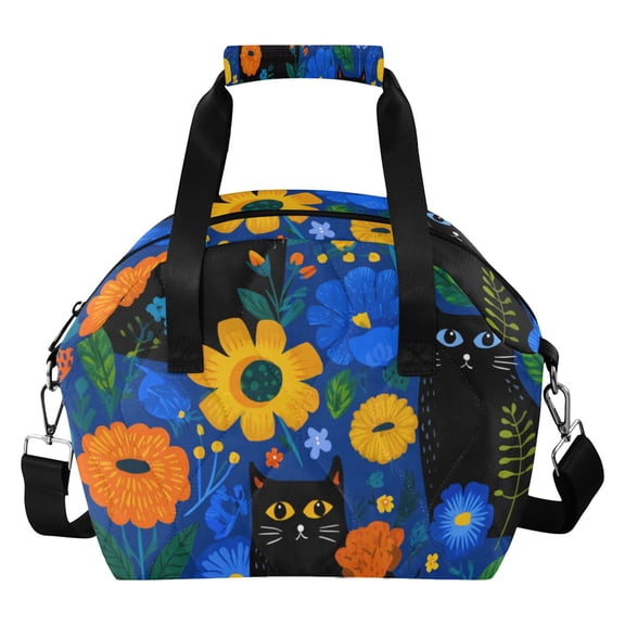 Cute Black Cats in Colorful Flowers Insulated Lunch Bag Reusable Quilted Lunch Box Waterproof Leakproof Lunch Container
