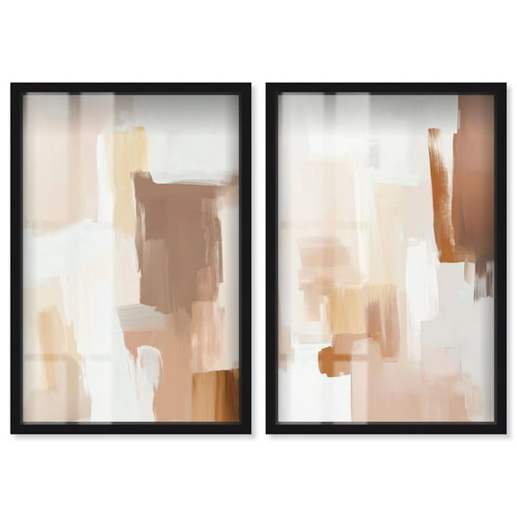 Neutral Modern Minimalist Pair Set Shadowbox Neutral Abstract Art by Art Remedy, Black Frame, 10 x 15