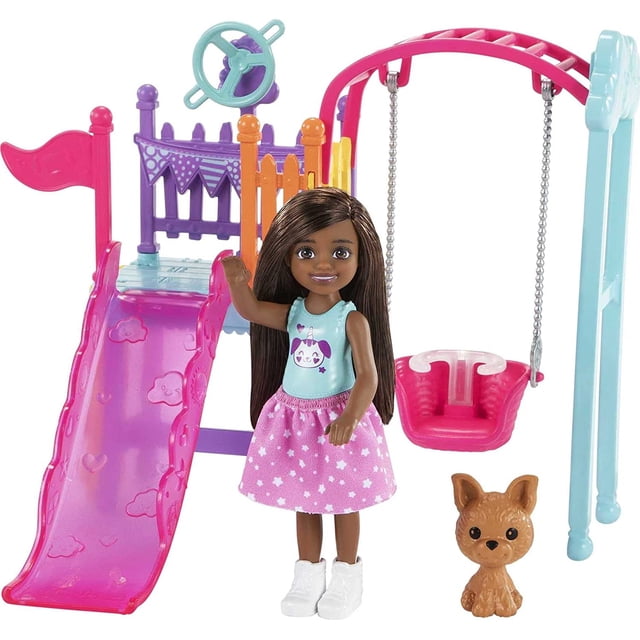 Juego de columpios Barbie Chelsea con muñeca Chelsea (6 en morena) con falda con estampado de estrellas, cachorro de mascota, columpio y tobogán, regalo para niños de 3 a 7 años Barbie -