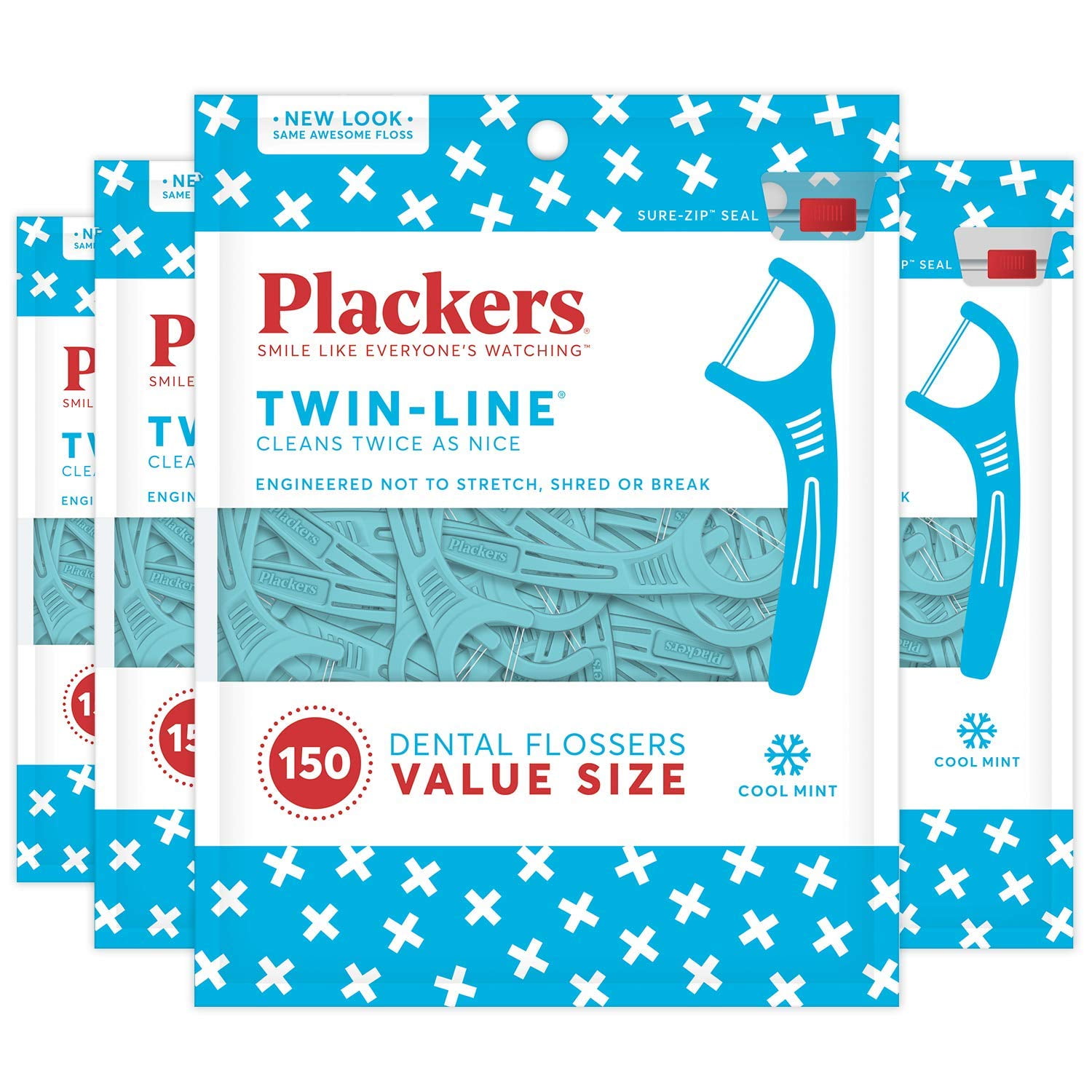 Plackers Dental Floss Picks Cool Mint TwinLine, 150 Ct 4 pack
